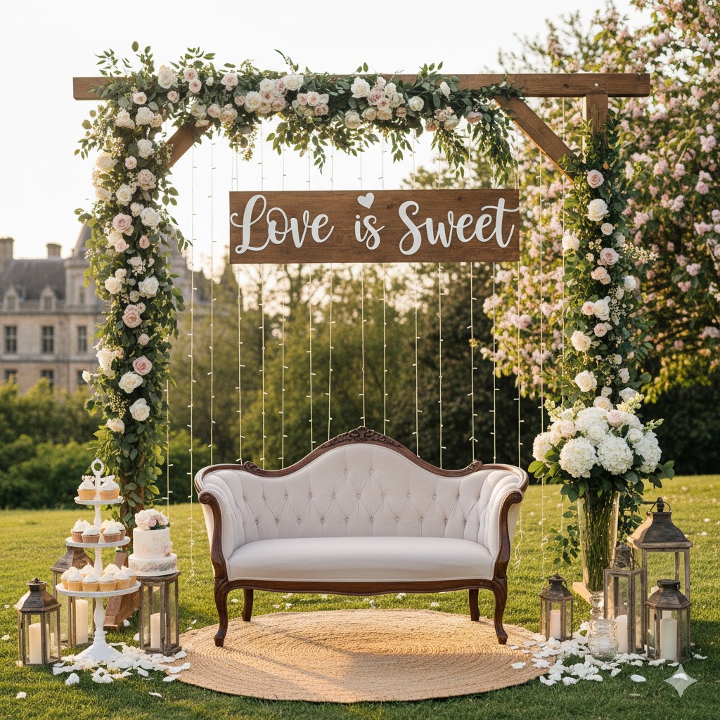 Neon photo booth with floral arch