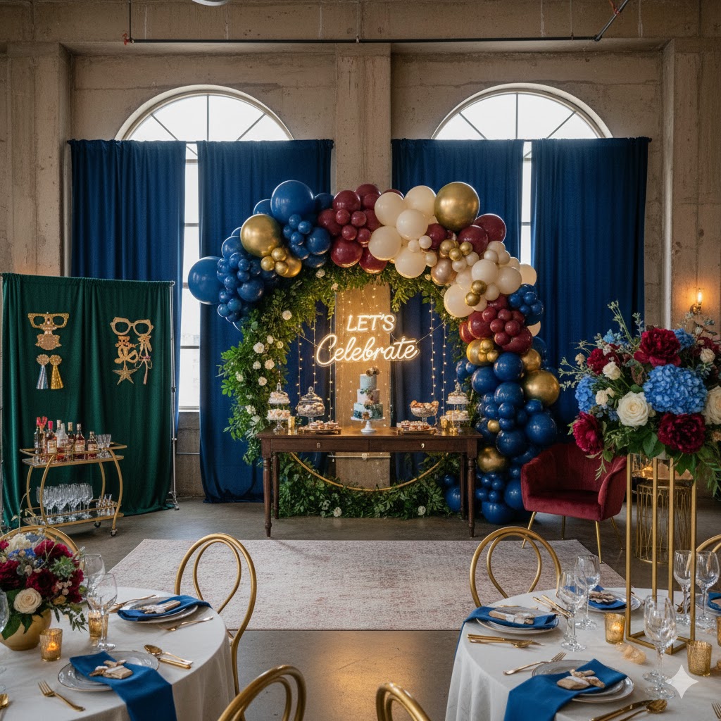 Styled celebration table with balloons and cake
