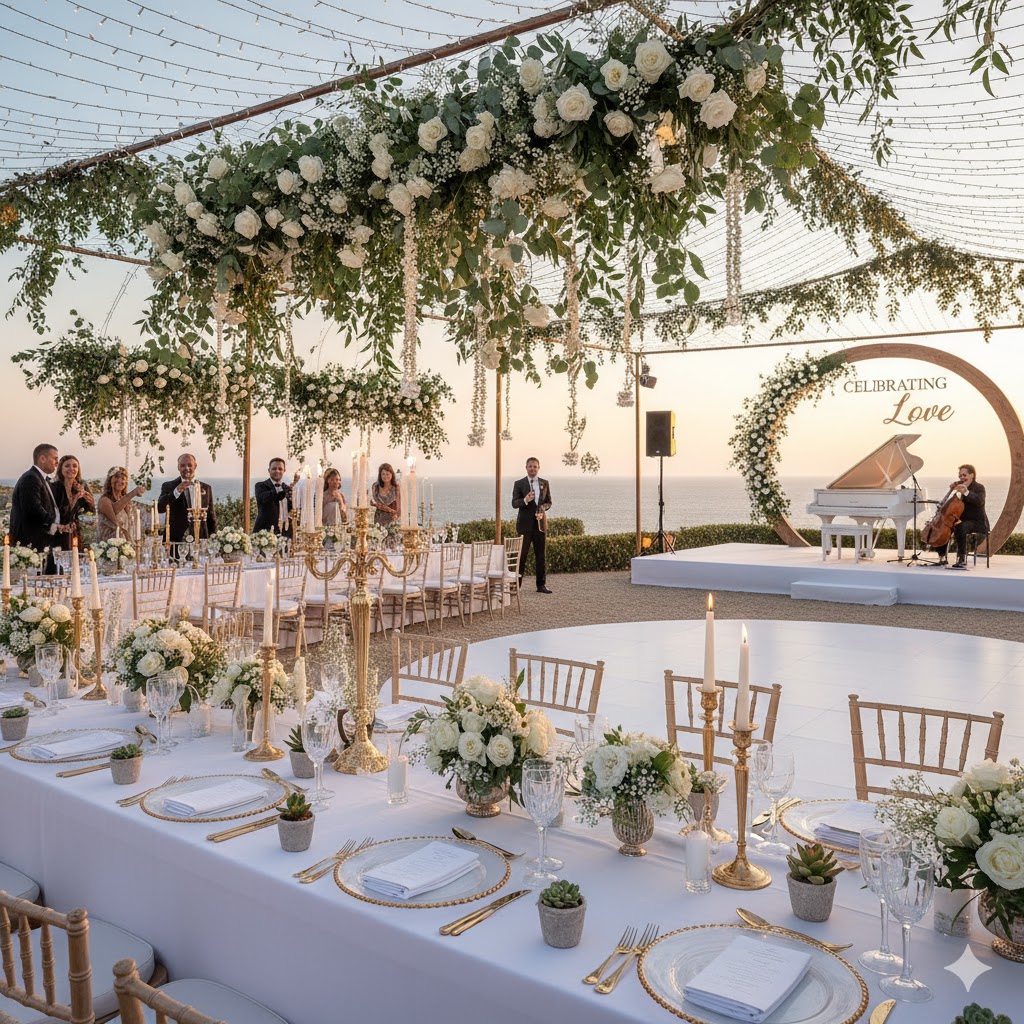 Wedding ceremony arch with fresh florals
